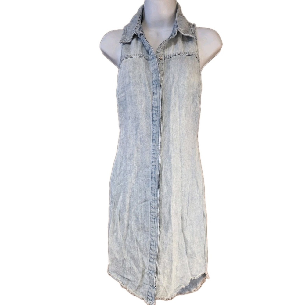 Guess Denim‎ Button Up Shirt Dress With Cut Out Back Fringed Bottom Sz S
